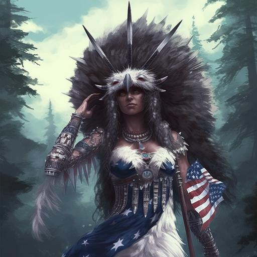 Exceptionally beautiful and patriotic Lady Liberty from the Bible as a sasquatch hairy ape woman in Americn forest wilderness settings, body covered in white fur ivory jewelry with the mixture of cave, forest, and American elements. Coming from an primal American background, she is a beautiful gorgeous hairy wife. Fate anime series