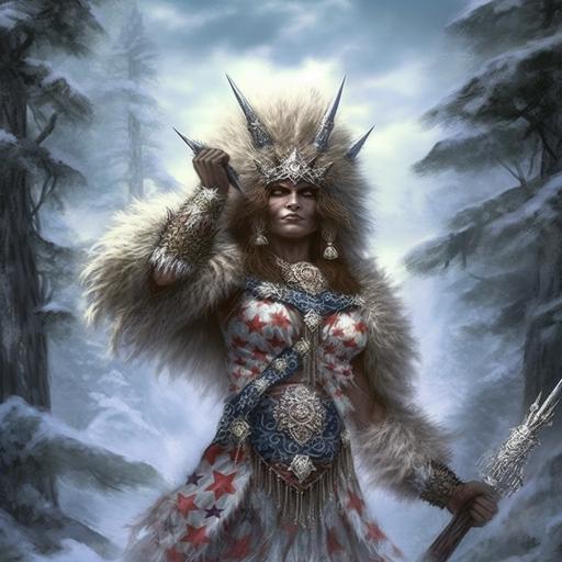 Exceptionally beautiful and patriotic Lady Liberty from the Bible as a sasquatch hairy ape woman in Americn forest wilderness settings, body covered in white fur ivory jewelry with the mixture of cave, forest, and American elements. Coming from an primal American background, she is a beautiful gorgeous hairy wife. Fate anime series