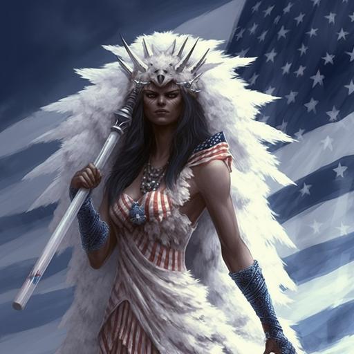 Exceptionally beautiful and patriotic Lady Liberty from the Bible as a sasquatch hairy ape woman in Americn forest wilderness settings, body covered in white fur ivory jewelry with the mixture of cave, forest, and American elements. Coming from an primal American background, she is a beautiful gorgeous hairy wife. Fate anime series.--q 2--niji 5