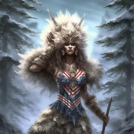 Exceptionally beautiful and patriotic Lady Liberty from the Bible as a sasquatch hairy ape woman in Americn forest wilderness settings, body covered in white fur ivory jewelry with the mixture of cave, forest, and American elements. Coming from an primal American background, she is a beautiful gorgeous hairy wife. Fate anime series