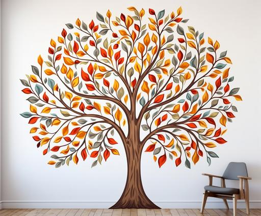 Exclude any props or items in the design. Simple and uncomplicated design a tree mural / Sticker with clear, distinct branches and leaves. A tree design that reminds me of my family tree, my lineage and my connection to eternity. White background. --ar 18:15