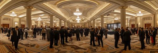 Expansive, panoramic view of the bustling floor at the annual Symphonic Orchestra Conductors' Union convention. The scene is set in a large, elegantly appointed convention hall with high ceilings, luxurious carpeting, and grand chandeliers. Throughout the hall, groups of orchestra conductors are engaged in animated discussions, exchanging ideas and experiences. Each conductor is dressed in formal attire, with some showcasing distinctive styles reflective of their cultural backgrounds. In the background, various exhibition booths display orchestral instruments, sheet music, and advanced conducting technology. The atmosphere is alive with the rich, cultured ambiance of classical music, with subtle hints of symphonic melodies in the air. Ensure a wide, panoramic shot that captures the grandeur and collaborative spirit of the convention, fully showcasing the hall and its attendees --ar 3:1 --v 6.0