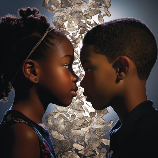 Experience the awe-inspiring synergy of two young African American boys and girls with beautiful, dark skin as their images intertwine in a stunning mirrored reflection. Behold an extraordinary perspective that gazes upward, capturing the essence of their connection and the boundless possibilities that lie ahead. Against the backdrop of a vast, celestial sky, the two figures stand tall, their reflections merging in perfect symmetry. Their gazes meet, reflecting determination and resilience, while the heavens above seem to embrace their shared journey. The celestial expanse, painted with hues of twilight and studded with twinkling stars, serves as a metaphor for the infinite potential within each of them. This visually arresting image invites viewers to witness the unity and strength that arises from their mirrored reflections, inspiring them to embark on their own transformative paths of self-discovery and empowerment.