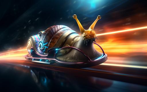 Experience the surreal spectacle of formula racing, where turbocharged snails take center stage in a high-speed competition that challenges the laws of physics and leaves spectators in awe --ar 16:10