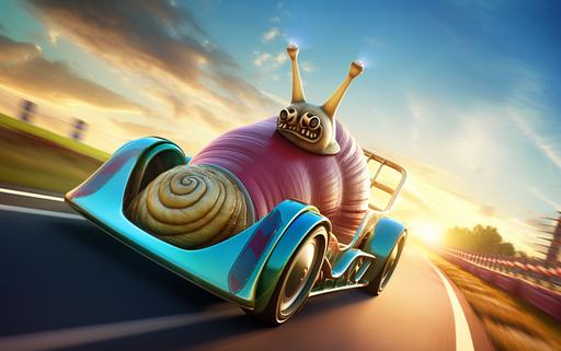 Experience the surreal spectacle of formula racing, where turbocharged snails take center stage in a high-speed competition that challenges the laws of physics and leaves spectators in awe --ar 16:10