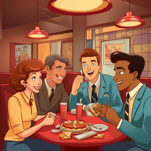 Experts eating nuggets in a corner of restaurant in cartoon retro theme