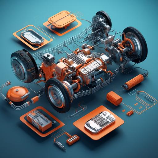 Exploded view of assembly Engines EV Systems circut posters, electric system visibility, including 3D rendering batterie and engine components, electric vehicles, futuristic cars, ::32k uhd, energy ::clear edge definition, exploded view constructions, energy-charged, eroded interiors, high-angle, in the style of exploded view /energy-filled illustrations/ layered complexity, ,precisionism influence, skeletal, posters, technical background