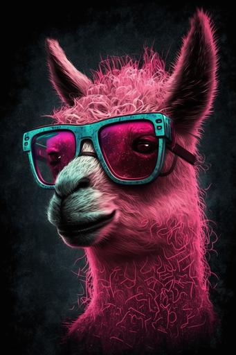 funny llama in pink glasses, cyberpunk, --ar 2:3