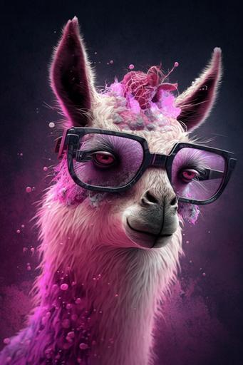funny llama in pink glasses, cyberpunk, --ar 2:3