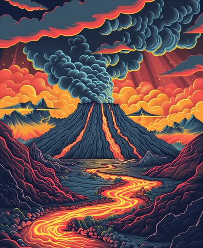 Explore a volcanic landscape, witnessing lava flows, geysers, and the unique ecosystems around volcanoes. cartoon style, thick lines, vivid color --ar 9:11