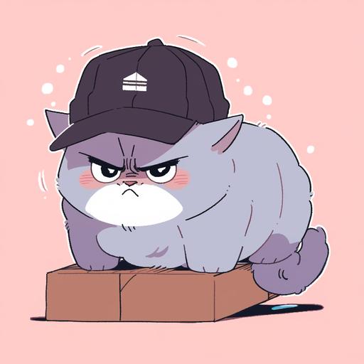 Expression: Grumpy frown, Action: Refusing to come out of a box, Attire: Birthday hat, Coat: Gray, Breed: Persian , digital drawing cartoon sticker, is a woman, with woman ears, Ghibli, image black border Color, baseball cap, fat, fluffy, full body, flat texture cartoon style, transparent background, 2D --niji --q 5
