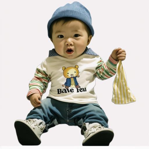Expression: Joyful smile, Action: Eating a strawberry popsicle, Attire: Yellow and white striped shirt, Coat: Blue denim jacket, Baseball cap: Green with a yellow star ,is a baby boy, baseball cap, fluffy, full body, transparent background
