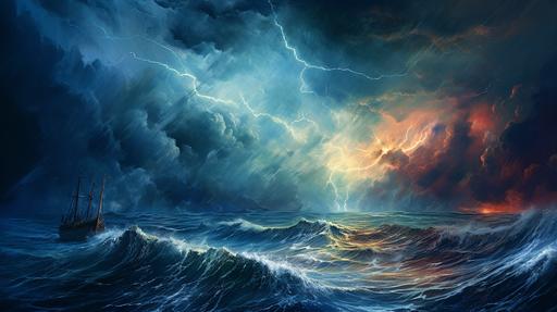Expressionist painting of a lightning storm at sea --ar 16:9