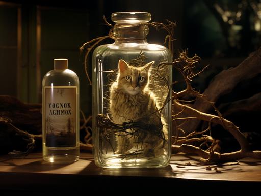 Exquisite bonsai lynx kitten in a bottle meticulously constructed over three days by Michael Caine during an epic bender on the set of Mister Roger’s Neighborhood during the heady days of the roaring ‘20s --ar 4:3