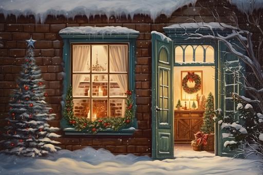 External facade of the house, with a large window overlooking a room with a fireplace decorated for Christmas. Snowy ground, small pine tree. Oil painting. Vintage style. Detailed image, high resolution. --ar 3:2