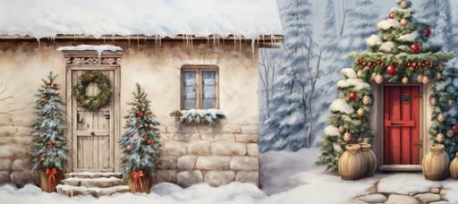 External facade of the house, with a window overlooking a room with a fireplace decorated for Christmas. Door with access ladder. Snowy ground, small pine tree. Oil painting. Vintage style. Detailed image, high resolution.