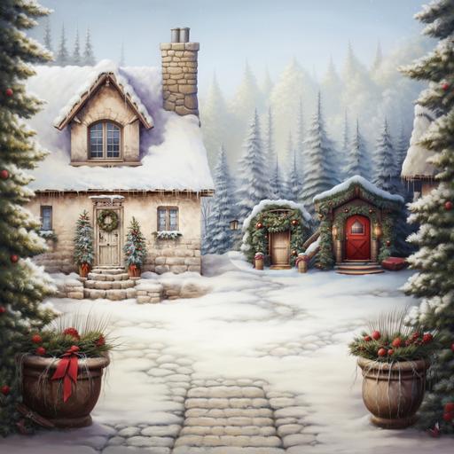 External facade of the house, with a window overlooking a room with a fireplace decorated for Christmas. Door with access ladder. Snowy ground, small pine tree. Oil painting. Vintage style. Detailed image, high resolution.
