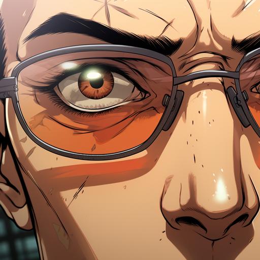 Extreme anime eye closeup of a bald handsome male in his early 40s, light scruff, slightly faded eyebrows, thick rectangular glasses, silly goofy shocked expression in the style of brutalism and Atlus Studios Persona 5 --v 5.2