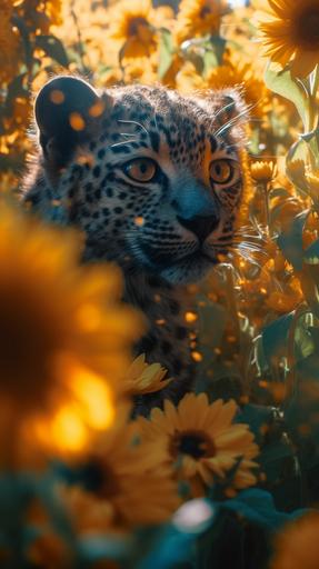 Extremely close up of a beautiful mysterious shimmering cosmic panther cub exploring a lost rural ancient overgrown tropical Sunflower Guerrilla Garden, field of many blossoming spiritual sunflowers by Anders Zorn, Ivan Shishkin, Donato Giancola, Greg Rutkowski, DSLR RAW Photo, Kodak Portra anamorphic, vibrant cinematic raking light, photorealistic, ultra - realistic, stunning, highly - detailed, sharp focus, epic, subsurface scattering, rule of thirds, chromatic aberration, global illumination, unique perspective --ar 9:16 --q 2 --v 5