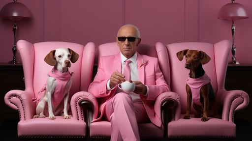 Extremely muscular man sits on a pink chair that is too small in a cafe, next to him are two senior women drinking tea. A small dog barks at the man. The man is unusually tall, he smiles, digital art --ar 16:9 --s 650 --chaos 35 --w 10