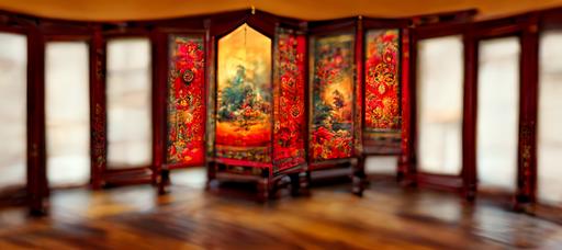 Eye level wideshot, interior of old chinese living room, with Chinese paravent, Folding screen, Chinese room divider, Oriental style, Harmonious color tones, photo realistic, 8k, --aspect 21:9