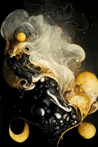 bubbles   grease   oil :: dark yellow   smoke   shine   sphere :: oil    light ray   black marble :: black paper   elements   dark grey   dark brown    neon   baroque   rococo   white   ink   tarot card with ornate border frame   sébastien mitton, viktor antonov, sergey kolesov, detailed, intricate ink illustration   magic   glow --ar 63:88