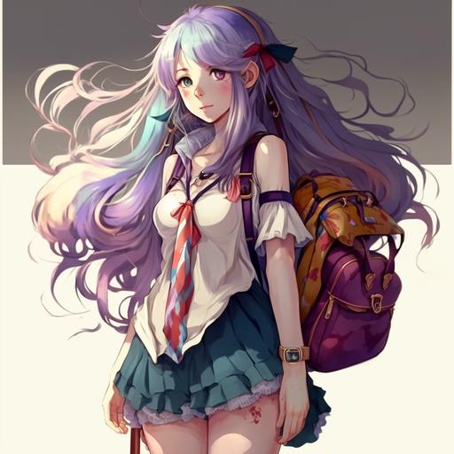 clear blue long hair anime girl, purple eyes, multicolored fluffy dress, holding a backpack, with red lips