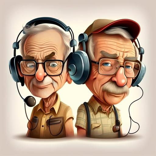 two old man with headsets in cartoon style
