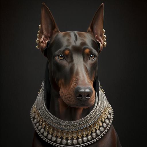 royal brown doberman with very heavy jewellery sitting in studio realistic portrait, black,broun,white realistic looking on the front f8k