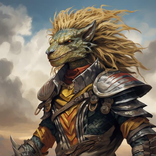 Fabio as a beautiful strapping warrior lizard person, dashing harlequin, dungeons and dragons, storm clouds and wind, epic blowing hair, long black and yellow lizard face