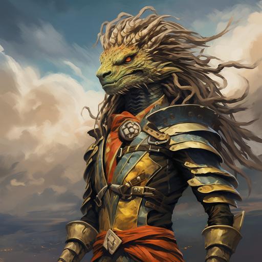 Fabio as a beautiful strapping warrior lizard person, dashing harlequin, dungeons and dragons, storm clouds and wind, epic blowing hair, long black and yellow lizard face
