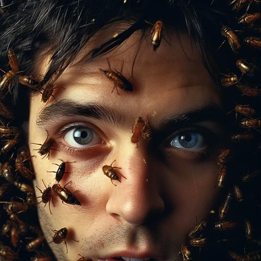 Face of young man, with brown hair, big eyebrows, withe skin, with many cockroaches on his face, the image is close up photografhy, he is looking directcly to the center of the image