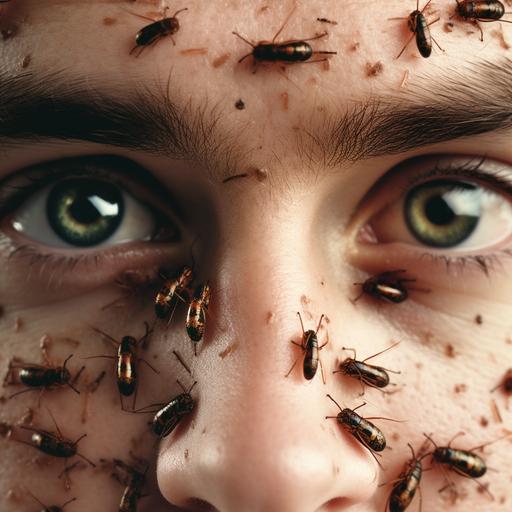 Face of young man, with brown hair, big eyebrows, withe skin, with many cockroaches on his face, the image is close up photografhy, he is looking directcly to the center of the image
