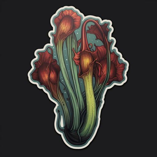 sticker of a dark styled pitcher plant. Moody. Velvet.