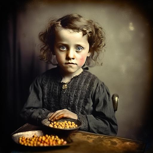 Faded and scratched wet plate collodion photography/ hand tinted/1860s/ ambiguous gender child holds CHEETOS PUFFS in hands/ CHEETOS PUFFS on plate/ extremely detailed facial features/ CHEETOS dust fingers/ CHEETOS dust face/ sitting at table / old movie film grain scratches dirt and imperfections/ film lighting/ sharp focus/ ultra realistic/ ultra detailed/ cinematic lighting/ photographic/ 10mm lens --q 2 --s 750 --v 5