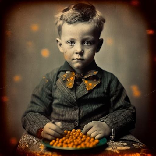 Faded and scratched wet plate collodion photography/ hand tinted/1860s/ ambiguous gender child holds CHEETOS PUFFS in hands/ CHEETOS PUFFS on plate/ extremely detailed facial features/ CHEETOS dust fingers/ CHEETOS dust face/ sitting at table / old movie film grain scratches dirt and imperfections/ film lighting/ sharp focus/ ultra realistic/ ultra detailed/ cinematic lighting/ photographic/ 10mm lens --q 2 --s 750 --v 5