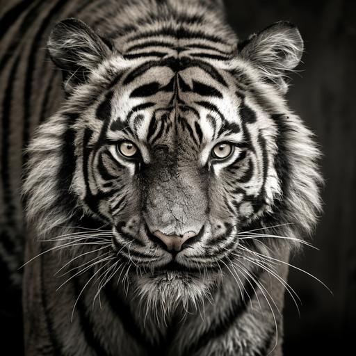 medieval grunge, Tiger animal photography looking forward in black and white color