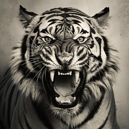 medieval grunge, Tiger animal photography looking forward in black and white color and with its mouth open