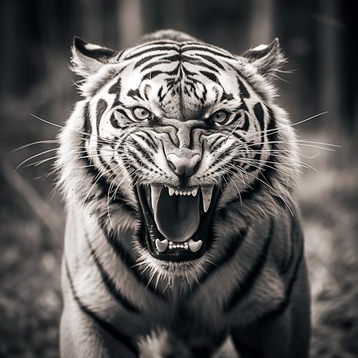 medieval grunge, Tiger animal photography looking forward in black and white with its mouth open, only its face