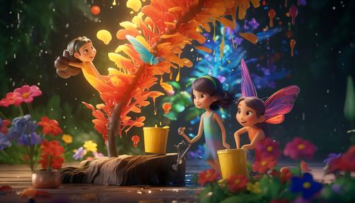 Fairies holding paint bucket, spreading paint colors on trees, flowers, plants, and into different colors. Wearing red, green, yellow, and blue clothes, Children book style, Disney Style, 3D animation, Pixel , 8K, --aspect 7:4