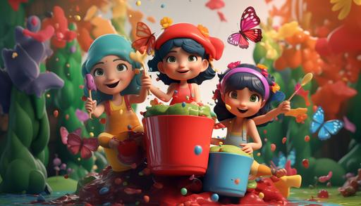 Fairies holding paint bucket, spreading paint colors on trees, flowers, plants, and into different colors. Wearing red, green, yellow, and blue clothes, Children book style, Disney Style, 3D animation, Pixel , 8K, --aspect 7:4