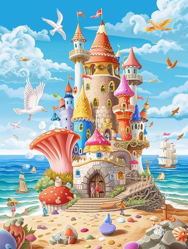 Fairy Castle Poster: a poster depicting a magnificent seaside castle in the form of a seashell, where there are no mushrooms, there are many beautiful stones on the sand, lots of sunshine and birds, Disney cartoon characters walk along the shore, to help develop children's imagination, bright colour,beautiful colours, no mushrooms, symbolism style, minimalism style, poster style, --ar 3:4 --v 6.0 --s 50