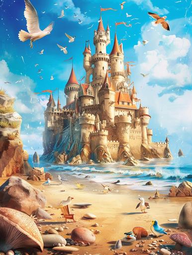 Fairy Castle Poster: a poster depicting a magnificent seaside castle in the form of a seashell, where there are no mushrooms, there are many beautiful stones on the sand, lots of sunshine and birds, Disney cartoon characters walk along the shore, to help develop children's imagination, bright colour,beautiful colours, no mushrooms, symbolism style, minimalism style, poster style, --ar 3:4 --v 6.0 --s 50