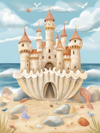 Fairy Castle Poster: a poster depicting a magnificent seaside castle in the form of a seashell, where there are no mushrooms, there are many beautiful stones on the sand, lots of sunshine and birds, Disney cartoon characters walk along the shore, to help develop children's imagination, bright colour,beautiful colours, no mushrooms, symbolism style, minimalism style, poster style, --ar 3:4 --v 6.0 --s 50