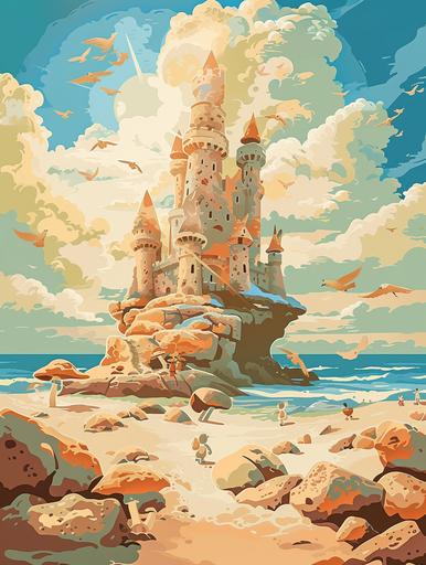 Fairy Castle Poster: a poster depicting a magnificent seaside castle in the form of a seashell, where there are no mushrooms, there are many beautiful stones on the sand, lots of sunshine and birds, Disney cartoon characters walk along the shore, to help develop children's imagination, bright colour,beautiful colours, no mushrooms, symbolism style, minimalism style, poster style, --ar 3:4 --v 6.0 --s 50