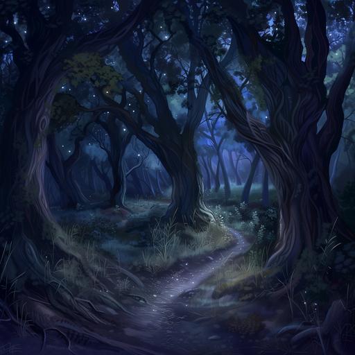 Fairy woods with thick trees at night --v 6.0