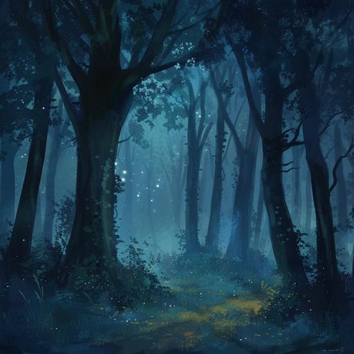 Fairy woods with thick trees at night