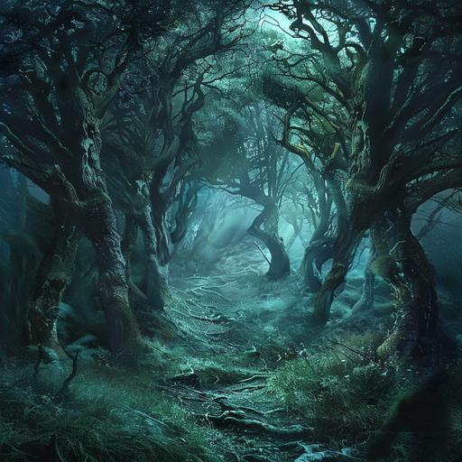 Fairy woods with thick trees at night