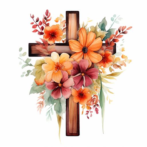 Fall pumkin Cross Watercolor Floral Cross Clipart Autumn Sublimation Design PNG Commercial Use Bible Verse Flowers Jesus Easter PNG Illustration