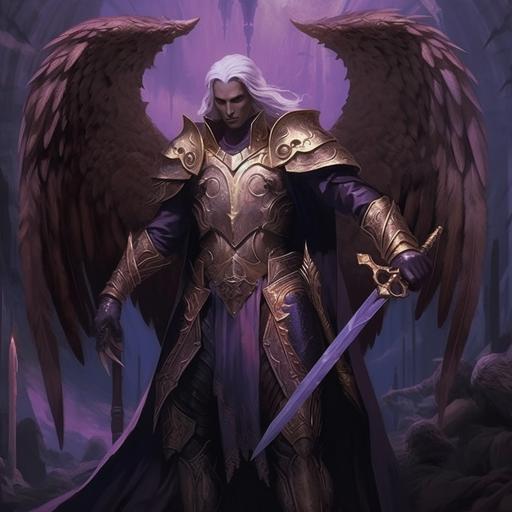 Fallen aasimar, oath of the ancients paladin, male, ornate shield, armor, and broadsword, obsidian and gold, purple skin, in the style of a dungeons and dragons character --s 750 --v 5.1